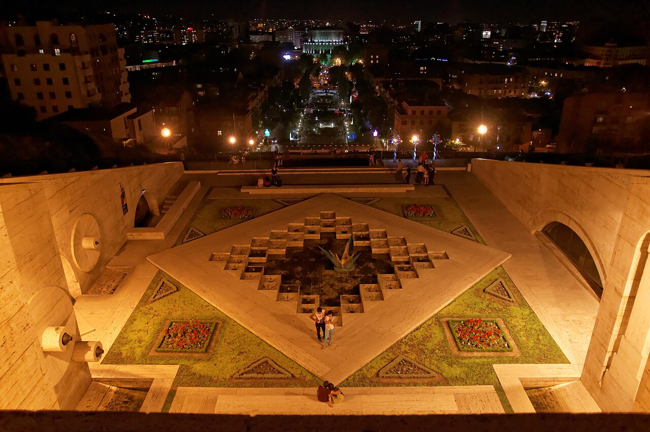 Yerevan Cascade and Tamanyan Street lit at night